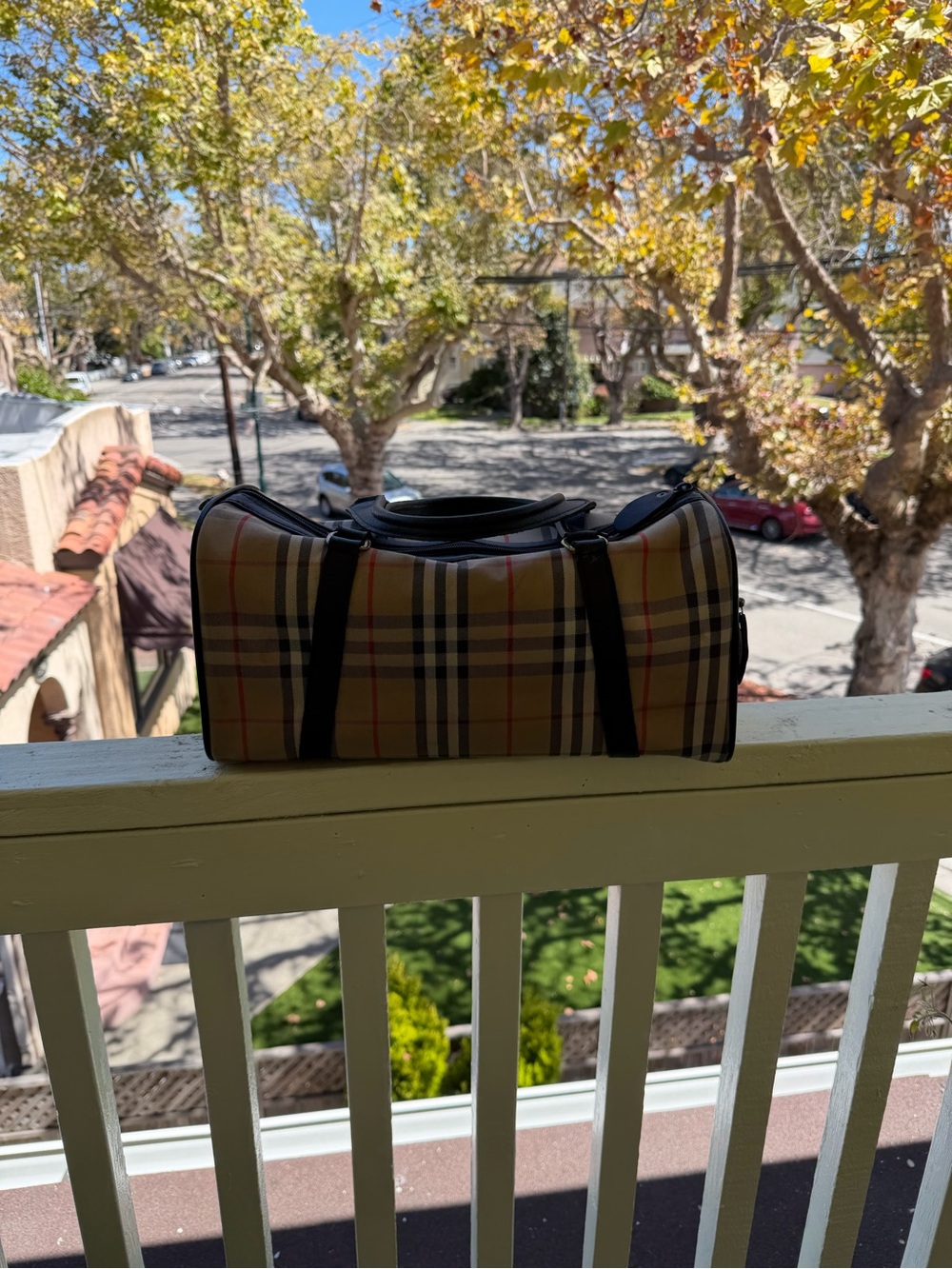 Burberry Beige Plaid mini duffle style Bag with Black Trim